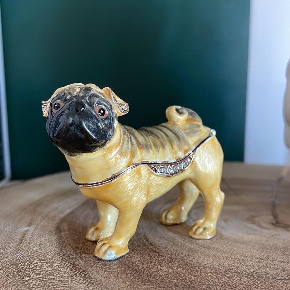 Pug Trinket Box - Vintage Nobility Collectible - Enamel with “Diamond Crystal”